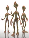 Three humanoid aliens stand in full growth on a white background. Conceptual creative illustration. 3D rendering