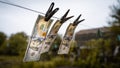 Three hundred dollar bills hanging on a clothes dryer pinned with clothespins close-up on a blurred background. Money laundering Royalty Free Stock Photo