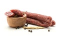 Hungarian dry sausage pepperoni isolated on white