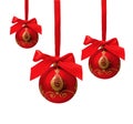 Three hunging red christmas balls isolated