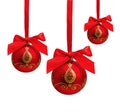 Three hunging red christmas balls isolated