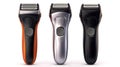 Three hyperrealistic different shavers isolated on white created with Generative AI Royalty Free Stock Photo