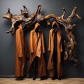 Exquisite Detail: Fluid Photography Of Women\'s Leather Coats On Wooden Coat Rack Royalty Free Stock Photo