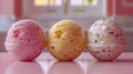 Three ice cream balls with different flavors are sitting on a table Royalty Free Stock Photo