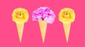 Three ice cream cone with flowers over pink colorful Royalty Free Stock Photo