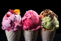 three ice cream cones on dark background Royalty Free Stock Photo