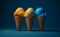 Three ice cream cones with different flavors of ice cream. Generative AI Royalty Free Stock Photo