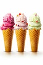 Three ice cream cones with different flavors of ice cream in them. Generative AI Royalty Free Stock Photo