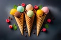 Three ice cream cones with different flavors and toppings on dark background Royalty Free Stock Photo