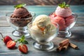 Three Ice Cream Scoops in Bowls with Strawberries and leaves on blue . Royalty Free Stock Photo