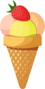 Three ice cream scoops and strawberry in waffle cone