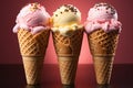 Three ice creams with three different flavors of strawberry, vanilla and banana on a bright background. Royalty Free Stock Photo