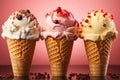 Three ice creams with three different flavors of strawberry, vanilla and banana on a bright background. Royalty Free Stock Photo