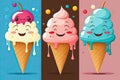 Three ice creams with happy smiles on a colorful background. Children\'s illustration. Generative ai