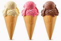 Three ice creams in a waffle glass cone on a white background. Generative AI