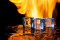 three ice cubes against the background of fire, fire and ice, place under the text Royalty Free Stock Photo