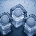 Three ice cubes on a wet reflective surface surrounded by scattered Royalty Free Stock Photo