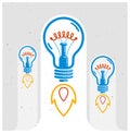Three idea light bulbs launching like a rockets vector linear logo or poster, creative idea startup, science invention or research Royalty Free Stock Photo