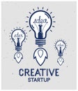 Three idea light bulbs launching like a rockets vector linear logo or poster, creative idea startup, science invention or research