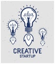 Three idea light bulbs launching like a rockets vector linear logo or poster, creative idea startup, science invention or research Royalty Free Stock Photo