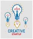 Three idea light bulbs launching like a rockets vector linear logo or poster, creative idea startup, science invention or research Royalty Free Stock Photo