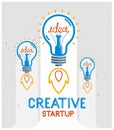 Three idea light launching like a rockets vector linear logo or poster, creative idea startup, science invention or research Royalty Free Stock Photo