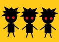 Three identical black silhouette of a child boy with spiky punk hairstyle golden yellow backdrop Royalty Free Stock Photo