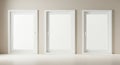 Three identical large white-framed windows are set side by side on a beige wall.