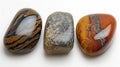 Three identical-sized stones, Tiger's Eye, Jasper, and Obsidian, aligned side by side, revealing their unique