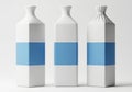 Three identical white hexagonal bottles with blue labels isolated on white background Royalty Free Stock Photo
