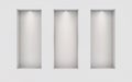 Three illuminated niches on a white wall. Place for an exhibition. Top view mockup template for design. Light effect on Royalty Free Stock Photo