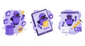 Three illustrations depict a purple robot interacting with technology. The first
