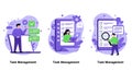 Three illustrations depicting task management concepts. The first shows a pers