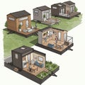 Three illustrations of modern tiny houses with exterior and cutaway Royalty Free Stock Photo