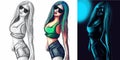 Three illustrations of a woman with sunglasses made in different drawing styles. Sketch, coloured and neon light art. Royalty Free Stock Photo