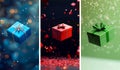 Three images of gift boxes with bows floating in the air Royalty Free Stock Photo