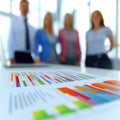 Three individuals stand behind a table, analyzing and discussing a detailed chart presented in front of them.