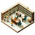 Three individuals in a well-organized library discussing documents at a desk Royalty Free Stock Photo