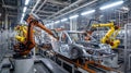 In automaking factory robots diligently work on a car frame, sparks flying, symbolizing Industry 4.0 Royalty Free Stock Photo