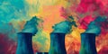 Three Smoke Stacks Emitting Colored Smoke at Nuclear Power Plant. Generative AI Royalty Free Stock Photo