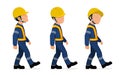 Three industrial workers are walking on white background