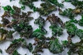 Three ingredient baked green kale chips with sea salt and olive oil, on parchment, horizontal Royalty Free Stock Photo