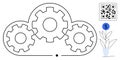 Cloud gears with QR code and finance growth plant symbolizing innovation and revenue optimization Royalty Free Stock Photo