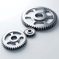 Three interlocking metal gears in a mechanical arrangement against a plain background Royalty Free Stock Photo