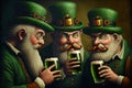 Three Irish friends in green hats are drinking beer in a bar on St. Patrick`s Day. Cartoon style Royalty Free Stock Photo