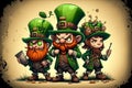 three Irish friends in green hats with mugs of green beer celebrate St. Patrick's Day. Cartoon style