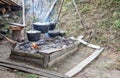 Three iron pots over the fire