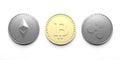 Three isolated coins on a white background - Bitcoin, Ethereum, Ripple, 3D rendering.