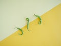 Three isolated green chili peppers on a yelow surface