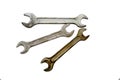 Three isolated keys. Old metal wrenches white background Royalty Free Stock Photo